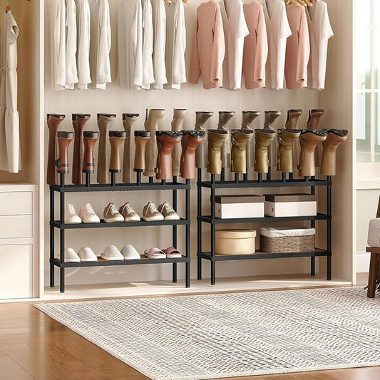 Free Standing Shoe Rack, 4 Tier Boots Rack Organizer, Tall Boots Rack for Closet, Cowboy Boot Storage, Holds 14 Pairs, Black and Rustic Brown SS29BR