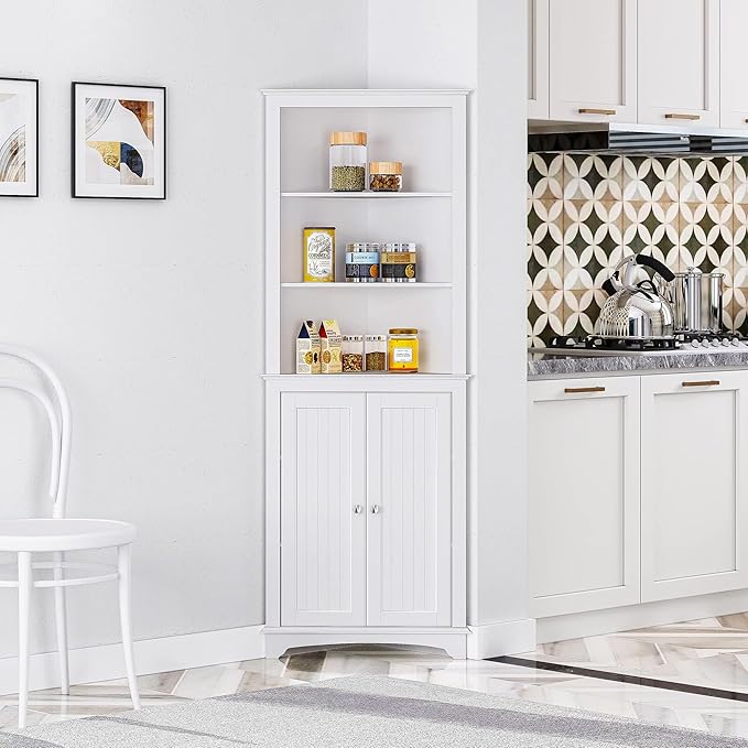 Spirich Tall Corner Cabinet with Doors and Shelves, Freestanding Corner Storage Cabinet for Bathroom, Kitchen, Living Room, White