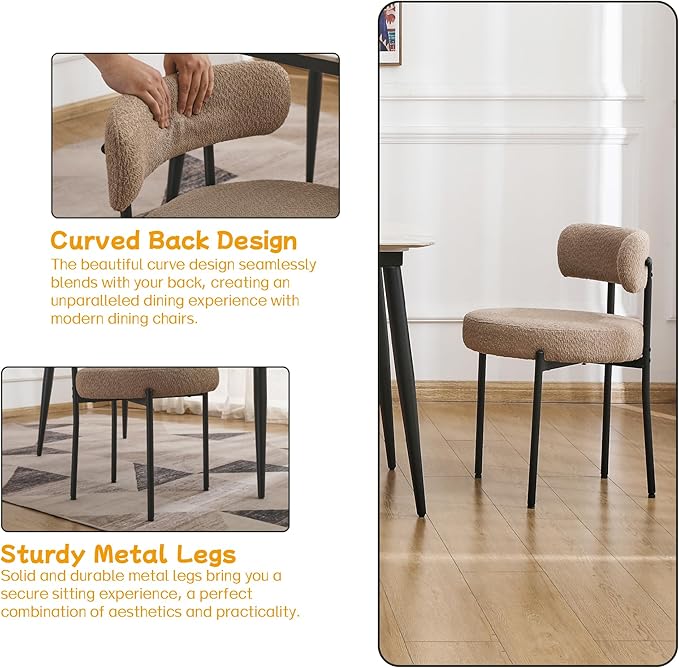 EDWELL Dining Chairs Set of 4, Round Upholstered Dining Room Chairs, Curved Backrest Boucle Dining Chair for Kitchen, Living Room, Mid Century Modern Dining Chairs with Black Metal Legs