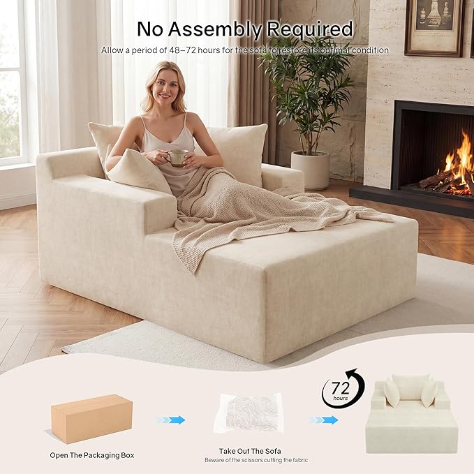 66" Chaise Lounge Chair Indoor, Oversized Boneless Lounge Chair with 3 Pillows, Chenille Cloud Reading Chair for Living Room Bedroom, Deep Seat Sleeper Couch, No Assembly Required