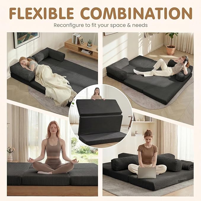 JUIKURY Foldable Convertible Sofa Bed, Tri-Fold Floor Couch Sleeper Sofa, High-Density Foam Sofa with Removable Washable Cover, Portable Modular Sofa Lounger for Living Room Apartment Dorm Guest Room