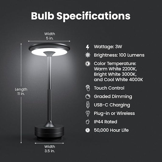 Feit Electric Rechargeable Table Lamp Touch Activated, 3 Color Temperatures, Dimmable, 100 Lumens, 3 Watts, USB Type-C Charging, Potable & IP44 Rated for Indoor/Outdoor Use, TABLE/3CCT/BK/BAT