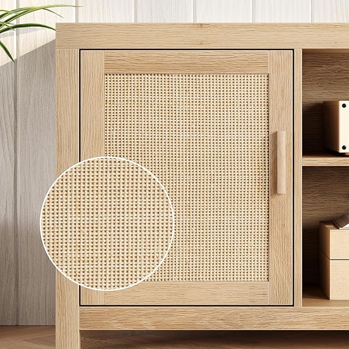 IDEALHOUSE Rattan TV Stand for 65 inch, Natural Oak Entertainment Center with Adjustable Shelves, Boho TV & Media Cabinet 2-Tier Storage for Living Room Bedroom