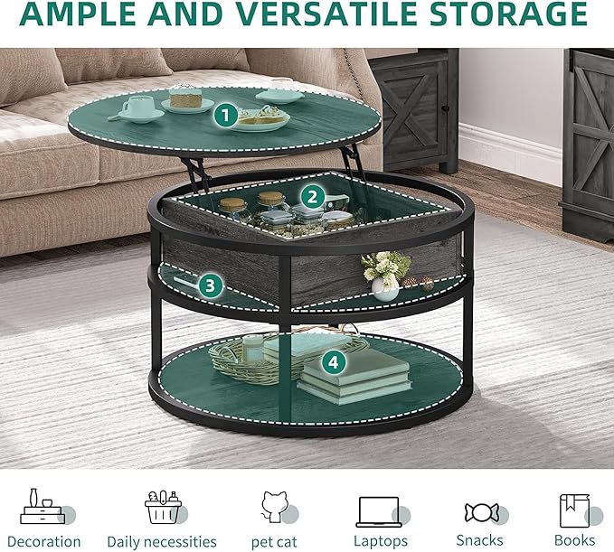 YITAHOME Round Lift Top Coffee Tables for Living Room, Farmhouse Coffee Table with Storage and Hidden Compartment, 2 Tier Modern Large Coffee Table Round Dining Table, Dark Grey
