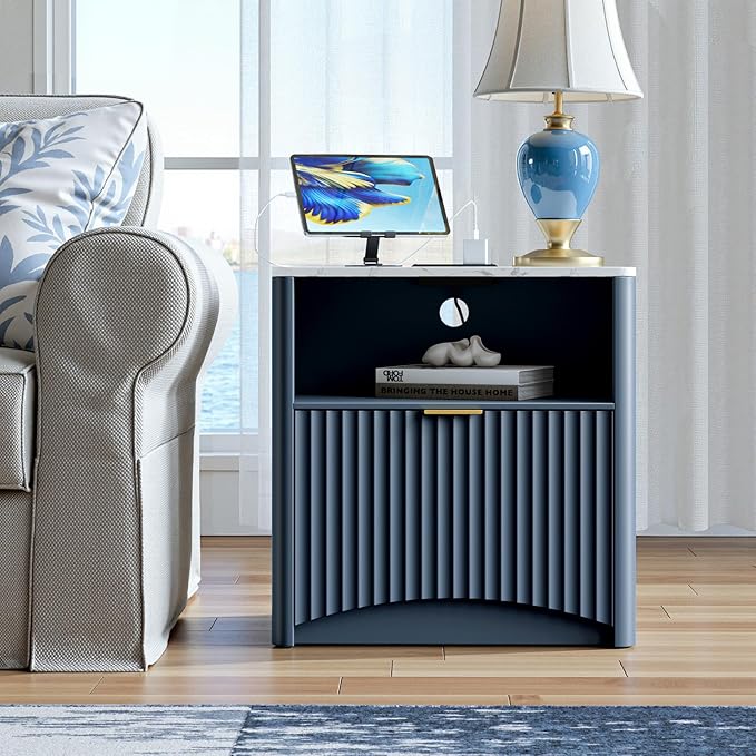 Evermagin Fluted Nightstand with Charging Station, Navy Blue Bedside Table with Drawer and Storage, Wood End Table Mid Century Modern, Large Night Stand for Bedroom