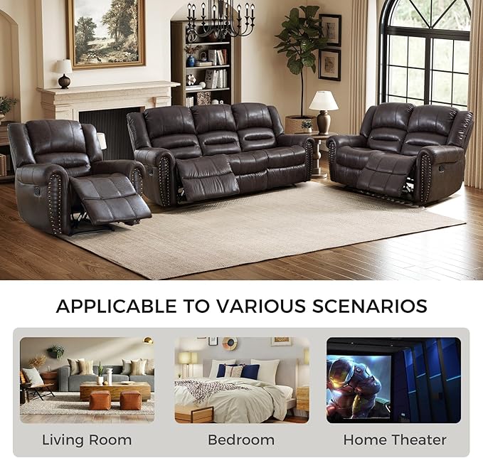 EBELLO Recliner Sofa Furniture Set for Living Room, Faux Leather Recliner Chair, Manual Loveseat, 3 Seat Recliniing Sofa Couch Set Vintage Rivet Mid-Century Design for Living Room, Dark Brown
