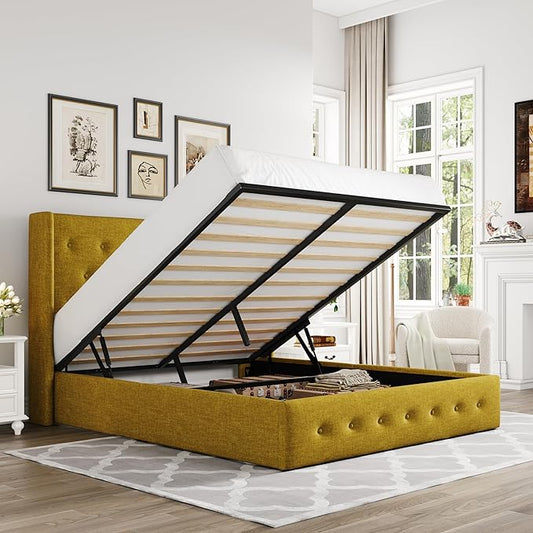 Allewie Queen Size Lift Up Storage Bed, Button Tufted Headboard with Wingback, Hydraulic Support, No Box Spring Needed, Olive Yellow