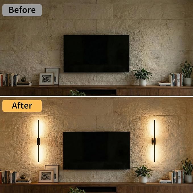 ONEWISH Battery Operated Wall Sconces Set of 2, 27.75" Rechargeable Wall Lights with Remote & Removable Battery, 3-Color Dimmable Wireless Sconces for TV Wall Decor, Picture Light, Bedroom, Black
