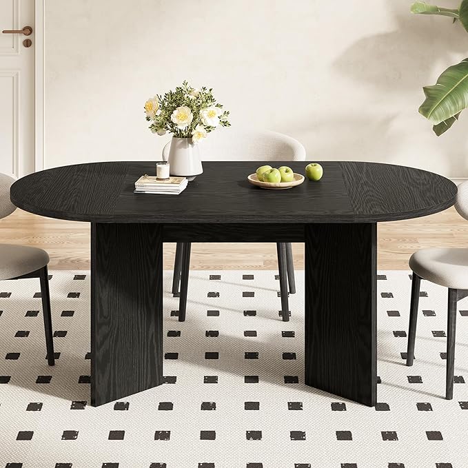 LITTLE TREE 63" Rustic Oval Dining Table for 4-6, Sturdy MDF Farmhouse Kitchen Table with Metal Strip Base, for Living Room, Office, Restaurant, Multi-Use, Black