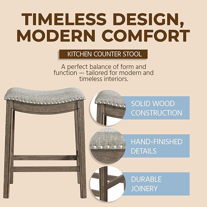 ROME + OAK Parker 26 Inch Counter Stool, Backless Saddle Kitchen Barstool in Walnut Finish with Grey Fabric Upholstery Cushion Seat