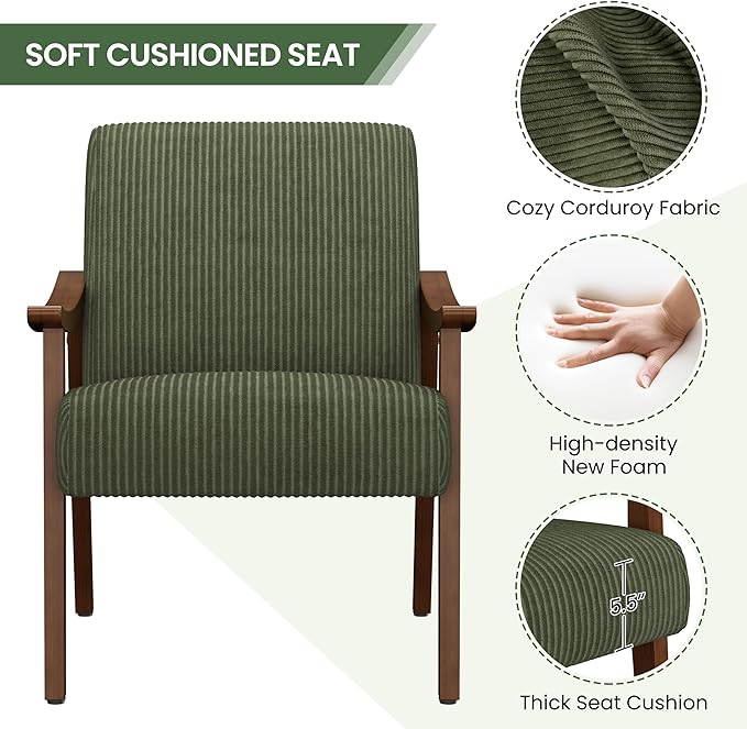 Yaheetech Corduroy Accent Chair, Mid-Century Modern Armchair with Solid Wood Legs, Reading Leisure Chair with High Back for Living Room Bedroom Waiting Room Dark Green