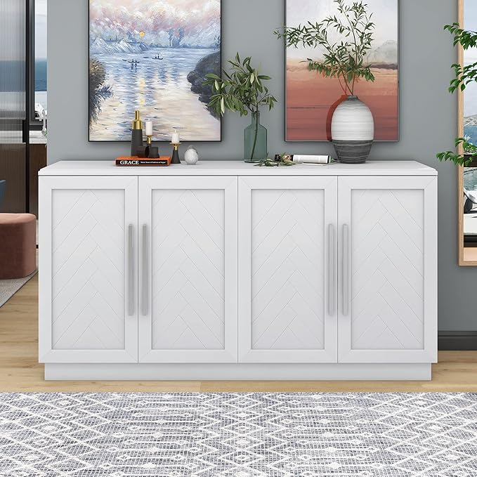 Ball & Cast 60.1" Sideboard Buffet Cabinet with Storage,Modern Coffee Bar Cabinet with 4 Doors and Adjustable Shelves,Wood Side Board Table with Silver Handles for Living Room,White