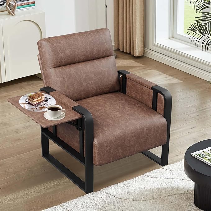 Accent Chair with Foldable Side Table PU Leather Upholstered Armchair for Bedroom Modern Living Room Chairs Office Chair Dark Brown