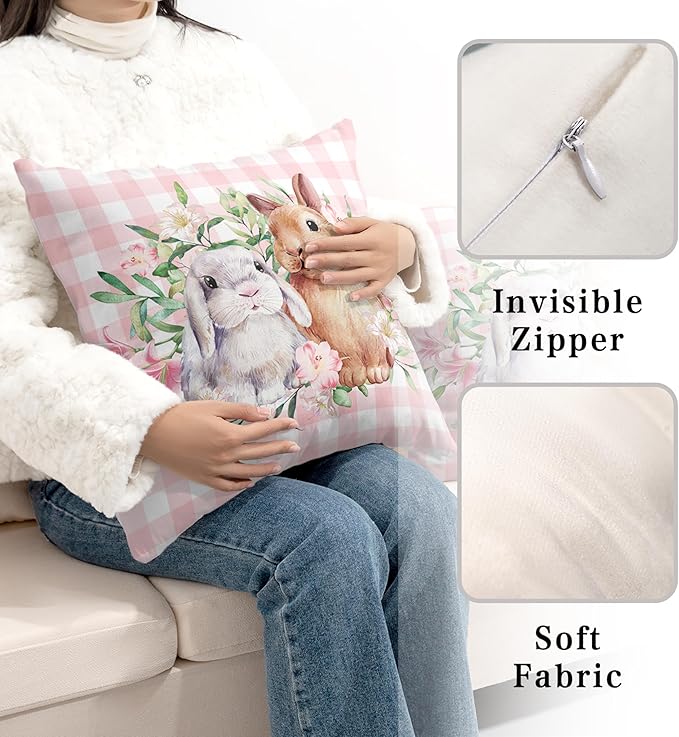 Spring Easter Pillow Covers 22x22 Pack of 2 Lovely Rabbit with Lily Flower Throw Pillow Covers Pink Plaid Bunny Pillow Case for Spring Easter Decoration Sofa Patio Garden
