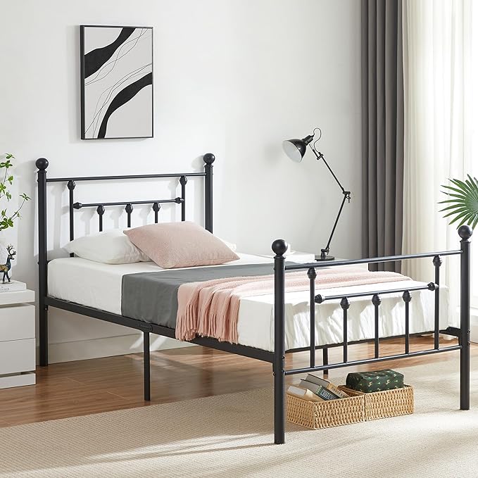 Twin Size Metal Platform Bed Frame with Headboard and Footboard, Heavy Duty Slat Support/No Box Spring Needed Mattress Foundation/Underbed Storage Space
