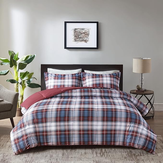 Madison Park Essentials Parkston Plaid Comforter, Matching Sham, 3M Scotchguard Stain Release Cover, Hypoallergenic All Season Bedding-Set, Twin/ Twin XL, Red, 2 Piece