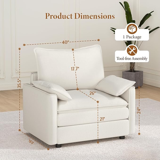 Vesgantti 40" Single Seat Sofa, Comfy Cloud Couch Deep Seat Upholstered Couch Chenille Modern Sofa with Armrest Pillow, Easy Assembly for Living Room, Bedroom and Apartment, Snow White | Sink-in Comfort, Height Adjustable, Easy Rearrangement, Extra-dee...