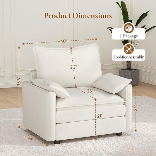 Vesgantti 40" Single Seat Sofa, Comfy Cloud Couch Deep Seat Upholstered Couch Chenille Modern Sofa with Armrest Pillow, Easy Assembly for Living Room, Bedroom and Apartment, Snow White | Sink-in Comfort, Height Adjustable, Easy Rearrangement, Extra-dee...