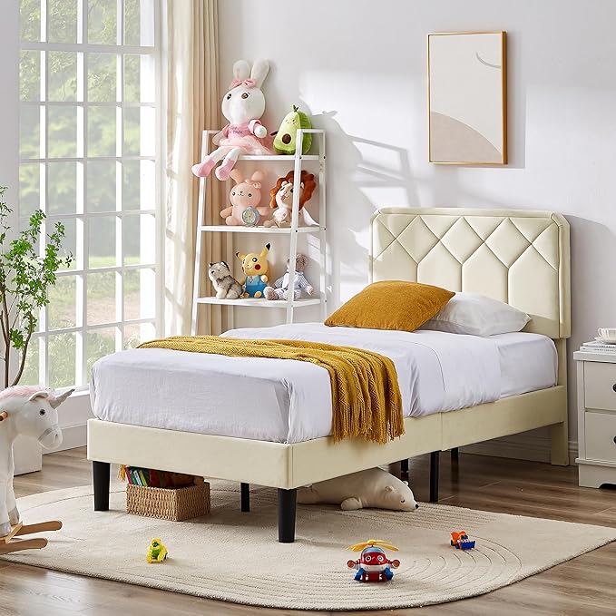 VECELO Twin Size Bed Frame Premium Velvet Upholstered Platform with Height Adjustable Headboard/Mattress Foundation, Solid Wooden Slat Support, No Box Spring Needed/Easy Assembly