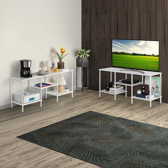 White TV Stand Bedroom with Power Outlets, Small Entertainment Center Stand with Open Storage Shelves for TVs up to 50 Inch, Wood TV Media Console Table with for Living Room, Bedroom