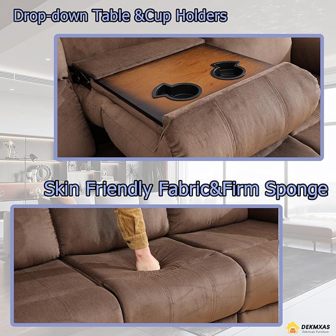 Fabric Recliner Sofa Set Manual Reclining Sofa Set Living Room Furniture Sets Modern Reclining Couch Set with Cup Holders/Storage Console/Drop Down Table for Home/Office (Chocolate, 3PCS Set)