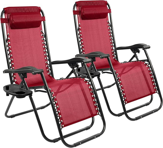Elevon Zero Gravity Chair Set of 2 with Cup Holder & Removable Pillows, Adjustable Reclining Outdoor Patio Folding Chairs Portable Lounge Chair Furniture for Poolside, Lawn, Beach, Camping, Red