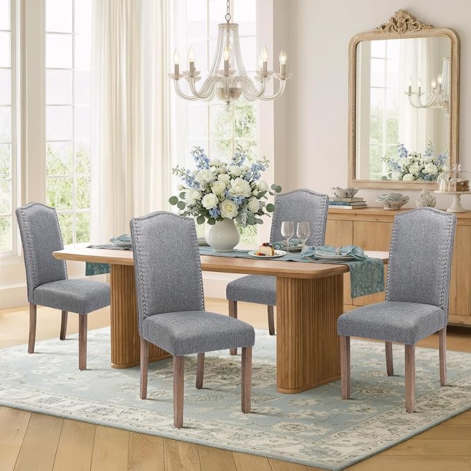 Upholstered Dining Chair Modern Stylish Parsons Kitchen Diner High Back with Silver Nailhead Trim & Wood Legs, Set of 6, Fabric Classic Grey