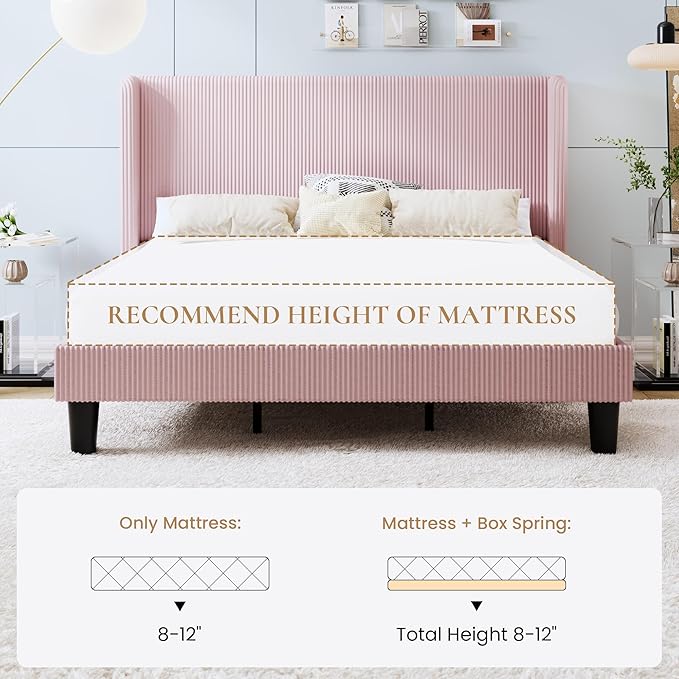 SHA CERLIN King Size Corduroy Upholstered Platform Bed Frame with Vertical Channel Tufted Wingback Headboard, 8" Under Bed Storage, Wooden Slats & Metal Frame Support, Easy Assembly, Light Pink