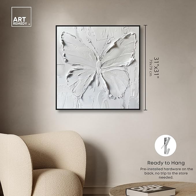 Art Remedy White Butterfly Canvas Elegant White Gold Wall Art, Black Frame, 30" x 30"