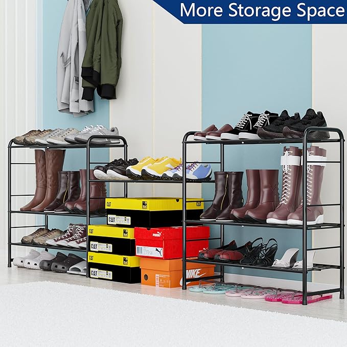 REGILLER 4-Tier Stackable Shoe Rack, Expandable & Adjustable Shoe Organizer Storage Shelf, High Capacity, Wire Grid, Black