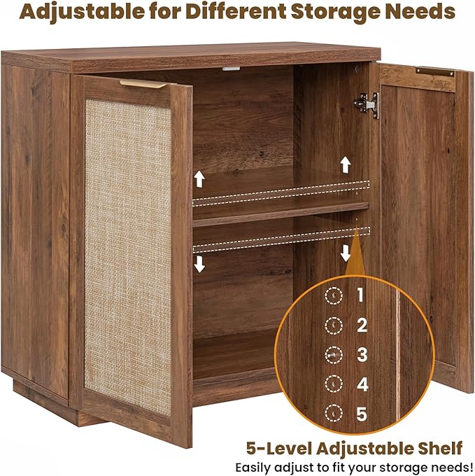 HOMMPA 31.5'' Sideboard Buffet Cabinet with Storage Boho Kitchen Buffet Cabinet with 2 Doors and Adjustable Shelves, Rattan Credenza Wood Coffee Bar Cabinets/Table for Living Room, Hallway & Kitchen
