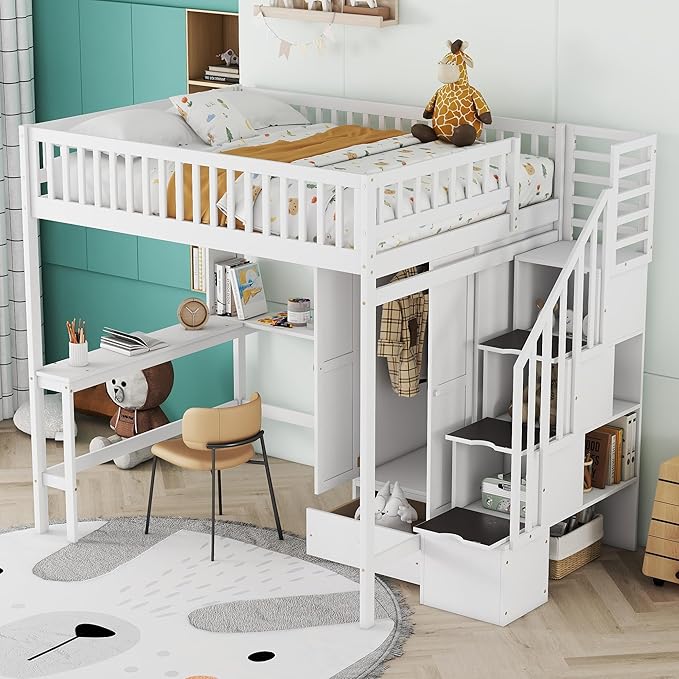 Full Loft Beds Stairway Loft Bed Frame with Wardrobe, Desk, Bookshelf and Drawers, White