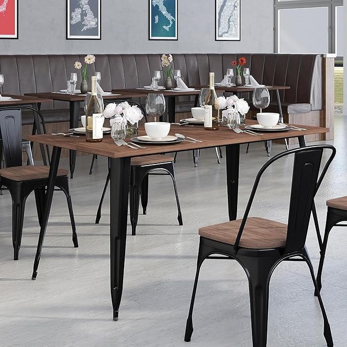 Flash Furniture Kenneth 30.25" x 60" Rectangular Black Metal Indoor Table with Walnut Rustic Wood Top
