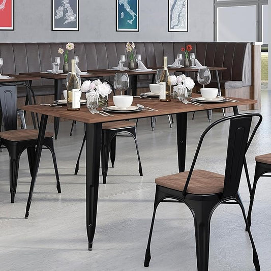 Flash Furniture Kenneth 30.25" x 60" Rectangular Black Metal Indoor Table with Walnut Rustic Wood Top