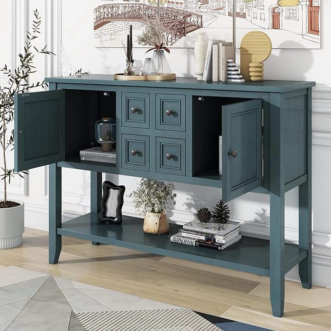 Merax Wood Farmhouse Buffet Table with Storage Shelf, 2 Drawers and Cabinets Buffet Coffee Bar Cabinet for Living Room Dinning Room Kitchen (Dark Blue)