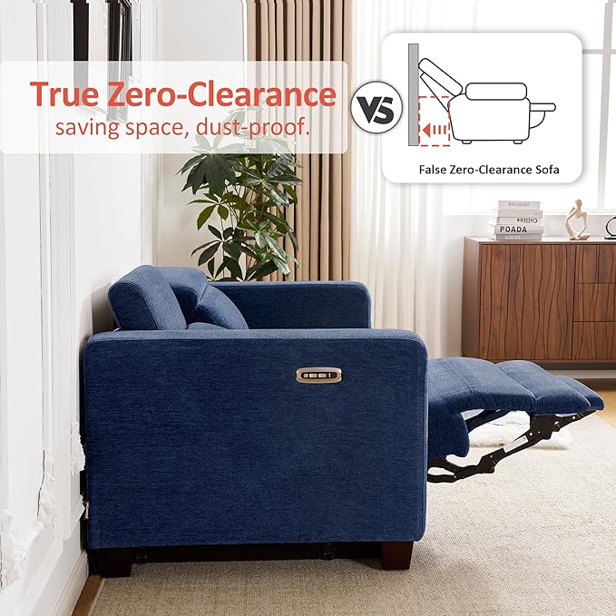 MCombo 62.2'' Reclining Loveseat, Wall Hugger Power Loveseat Recliner Sofa with Adjustable Headrest, USB A & C Charge Ports, Wood Legs, for Living Room (Fabric, HL198M1) (Navy Blue)