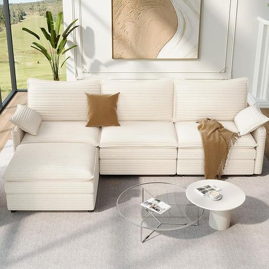 Vesgantti 108" Modular Sectional Sofa, Comfy Cloud Couch with Movable Ottoman Deep Seat Corduroy L Shaped Modular Sofa, Sectional Couches for Living Room, Bedroom and Apartment, Beige | Sink-in Comfort, Height Adjustable, Easy Rearrangement, Extra-deep...