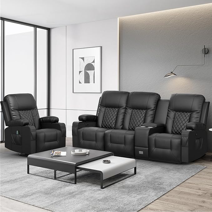 YONISEE Modern Recliner Sofa Set - 3 Seat Sofa & 1PC Swivel Recliner Chairs with Heat & Massage for Living Room (3+1)