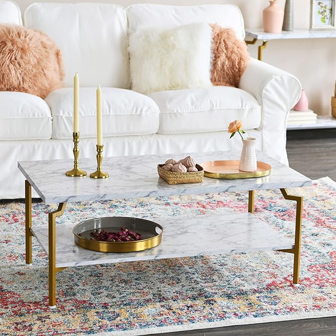 Household Essentials Crown Rectangular Coffee Table with Storage Shelf White Marble and Gold Metal