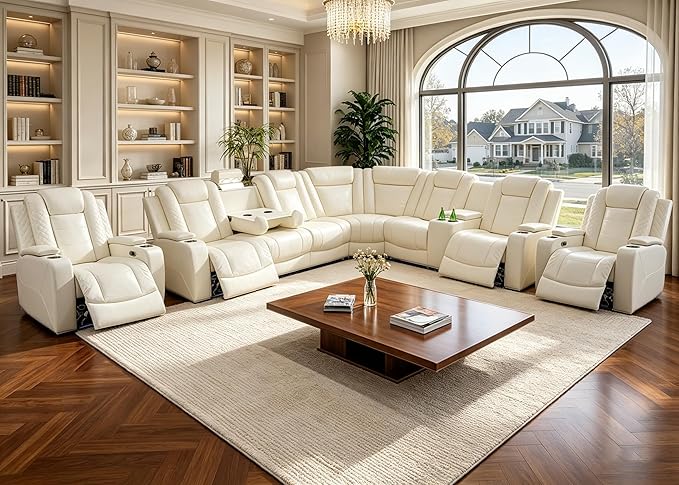 Power Reclining Sectional Sofa Set with LED, Living Room Furniture Sets, Leather Recliner Couch for Living Room/Home Theater, Sectional Couch and Chair with 4 Recliners, USB Port/Hide-Away Storage