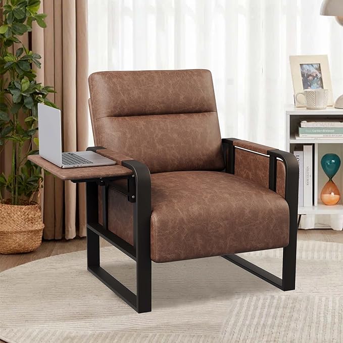 Modern PU Leather Accent Chairs Set of 2 Upholstered Armchairs with Tray Table Leisure Side Chairs for Living Room Bedroom Office Dark Brown