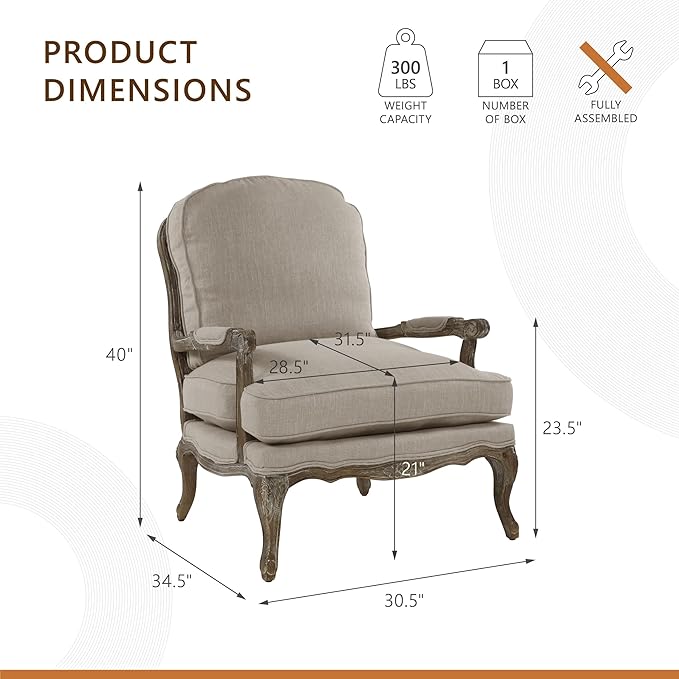 Lexicon Parlier Show Wood Accent Chair - Mid Century Modern Chair for Living Room, Traditional French Country Style, Padded Arms, Reversible Cushion, Solid Wood Frame, Arrives Assembled, Neutral