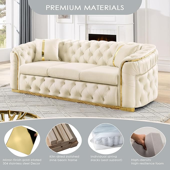KEIKI 2-Piece Luxury Chesterfield Sofa Set with 2 Oversized Velvet 3-Seater Sofa, Upholstered Modern 6-Seater Button Tufted Couch Set with 4 Pillow, Gold Stainless Decoration, for Living Room, Beige
