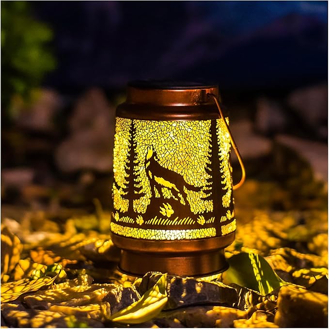 2 Pack Wolf Solar Lanterns Outdoor Waterproof Hanging Lights for Garden Decor, Yard, Patio, Lawn, Tabletop, Pathway, Landscape - Metal Decorative LED Lanterns, Gifts for Women Men