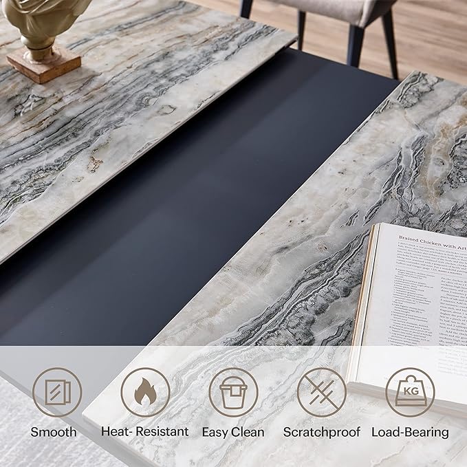 Acanva Expandable Dining Table for 6-8 Seat, Modern Rectangle Design with Extension Leaf for Kitchen Restaurant, Thicker Top and Carbon Steel Pedestal, 67’’(+18’’)x35.3’’x30’’, French Oak Grey/Black