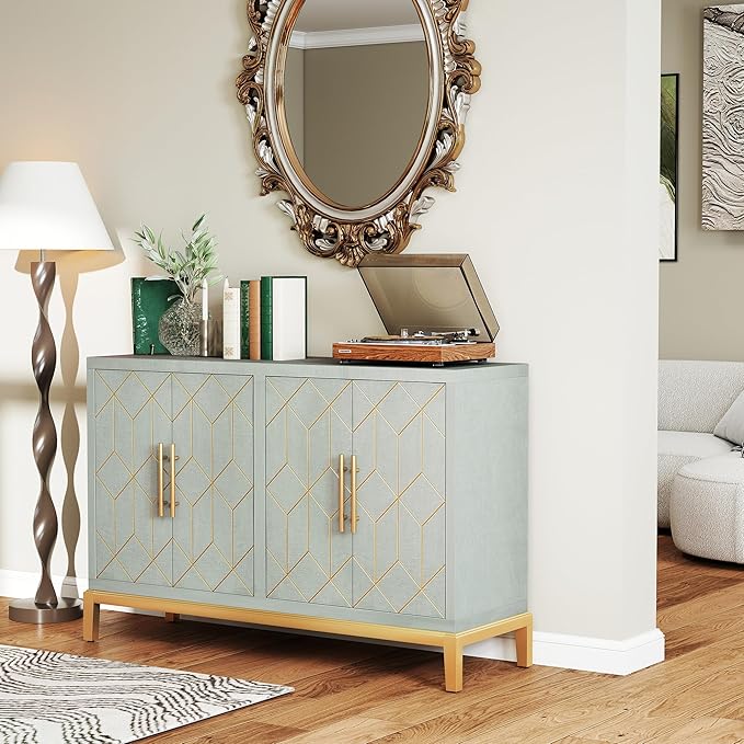 47.8" Accent Storage Cabinet with 4 Doors, Modern Sideboard Buffet Cabinet with Gold Lines, Wood Decorative Credenza with Storage for Living Room, Kitchen, Dining Room, Entryway, Green