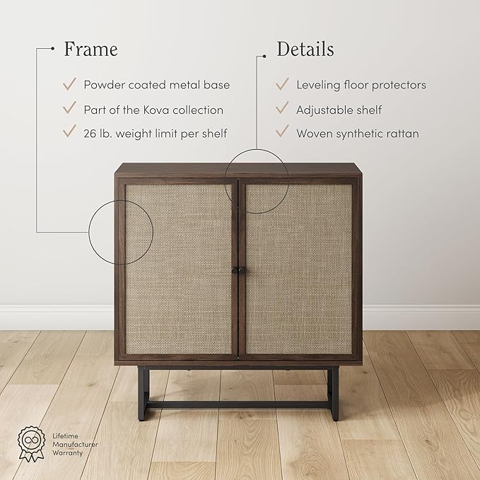 Nathan James Kova Bohemian Rattan Sideboard or TV Stand, Wooden Storage Cabinet with Doors, Walnut Sideboard Buffet or Rattan Accent Storage Cabinet with Matte Black Legs, Set of 3