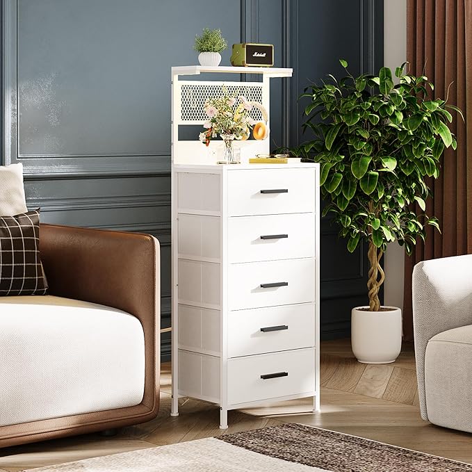 Nightstand 5 Drawer Dresser with LED Lights, Charging Station, Metal Mesh Shelf with Hooks, Vertical Side Table with Fabric Drawers, End Table, Tall Dresser for Bedroom, Entryway, White