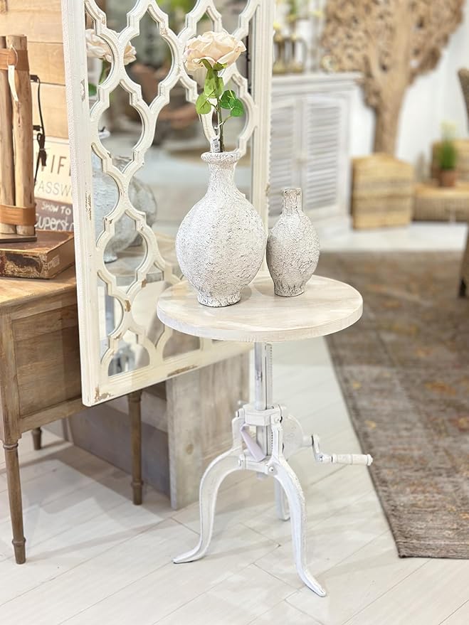 NACH Solid Mango Wood/Cast Iron Kai Adjustable Crank Side Table, Antique White, 18" x 1.13" x 18-27", CC-1816AW