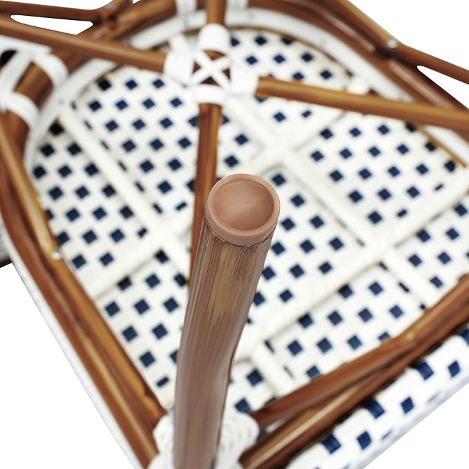 Flash Furniture Lourdes Indoor/Outdoor Commercial Thonet Bistro Stack Chair - White/Navy PE Rattan Back and Seat - Natural Bamboo Print Metal Frame - Set of 4